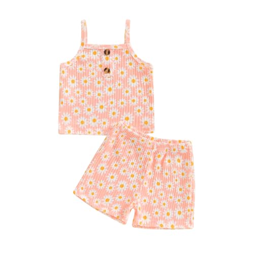 Loalirando Toddler Baby Girl Summer Tracksuit Sleeveless Daisy Print Spaghetti Strap Camisole Vest Elastic Waist Shorts 2Pcs Clothes for Little Girls (Pink, 18-24 Months)