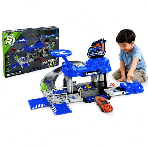 Image of WISHKEY Car Launcher Toys for Kids Parking Lot Toy for Kids 3+ Years, DIY Engineering Garage Playset with Die-Cast Car, Building Track, Launcher, Pretend Play Activity, Birthday Gift for Boys Blue