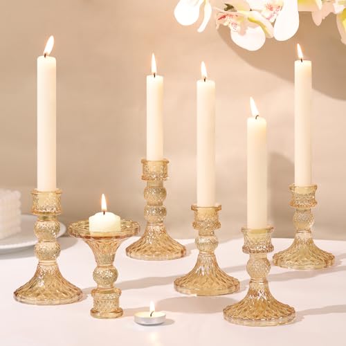 DARJEN Gold Glass Candlestick Holders Set of 6, 4" H & 5" H Taper Candle Holders for Candlesticks & Pillar Candles, Diamond Candle Holders for Wedding Party Table Centerpiece, Home Decor