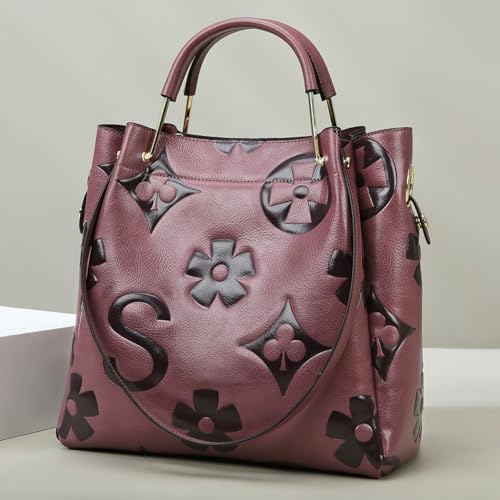 Image of Women's Top Handle Handbags Leather Tote Bag for Women Trendy Bucket Bag Floral Embossed Shoulder Satchel Purses