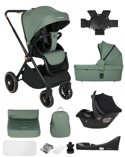 BabyVoyage 4 in 1 Kinderwagen 0-48 Monate, Buggy mit Zwei Umkehrbaren Schiebemodi, Rahmen Aluminiumlegierung, Vollfederung, 5 Punkt Sicherheitsgurt Ein-Klick-Faltdesign Buggy-Hohe Landschaft-Grün