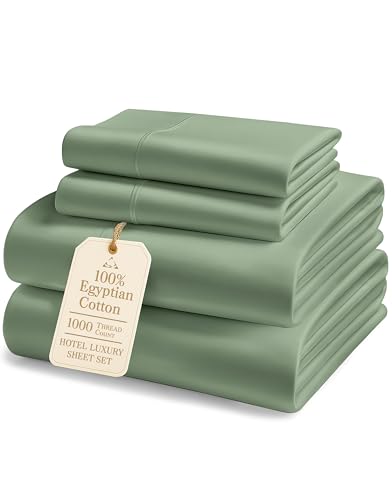 1000 Thread Count 100% Egyptian Cotton King Size Sheets &ndash; Silky Sateen Weave, Naturally Cooling & Durable, Ultra-Soft Luxury You Can Feel, Hotel Comfort, 15" Deep Pocket King Sheet Set &ndash; Iceberg Green