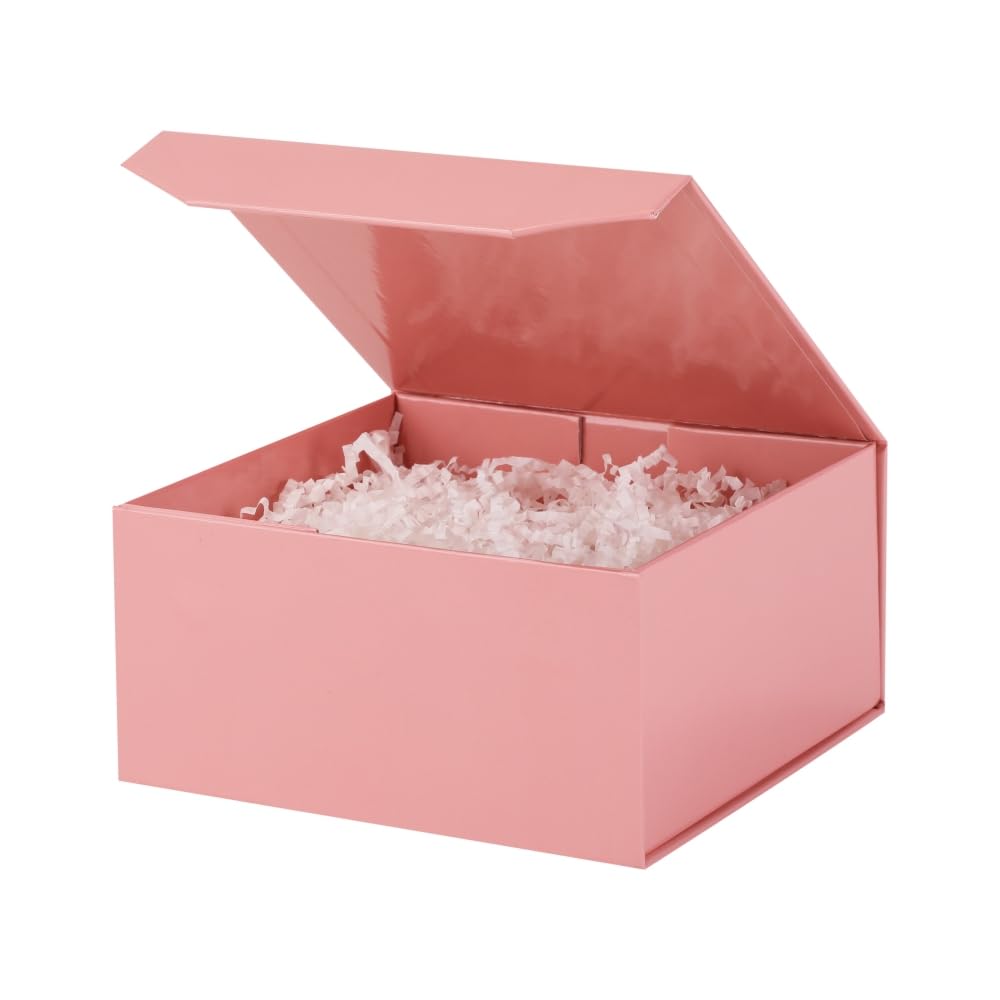 PACKGILO 1 Pcs 6x6x3 Inch Pink Magnetic Gift Box Small Magnetic Box with Crinkle Paper Pink Small Gift Box with Shredded Paper Luxury Gift Boxes with