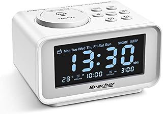 REACHER Small Digital Radio Alarm Clock with 2 USB Charging Ports, 0-100% Dimmer, Weekday/Weekend, Temperature, 6 Adjustable Volume Sounds, Sleep Timer, AC Powered, Battery Backup for Bedside (White)