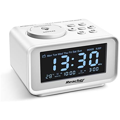 REACHER Small Digital Radio Alarm Clock with 2 USB Charging Ports, 0-100% Dimmer, Weekday/Weekend, Temperature, 6 Adjustable Volume Sounds, Sleep Timer, AC Powered, Battery Backup for Bedside (White) Cover