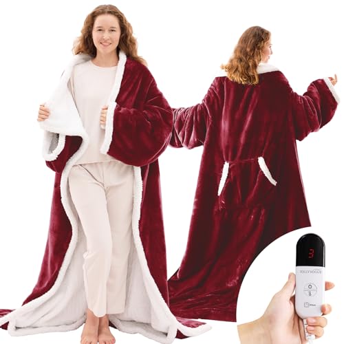 JOLLYVOGUE Wearable Heated Blanket - Heating Electric Blanket with Sleeves & Foot Pocket, Heated Throw for Adult, Birthday Gifts with 7 Heat Settings & fixed 4h Auto Shut-off (50 * 70 Inch, Red)