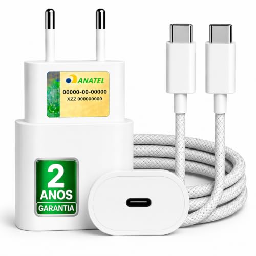 Carregador Turbo 25W - Cabo USB-C Reforçado 1METRO | Compatível com ANDROID, IPHONE 15, 16, 17 e Todos os Dispositivos USB-C | Fonte Bivolt, Power DUO