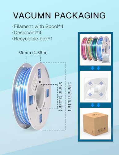 Image of PINBALL Silk Rainbow 3D Printer Filament Bundle, Shiny Multicolor PLA Filament Fast Color Change, 250g Spool, 4 Rolls, 4 Colors