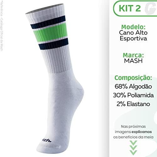 Kit 02 Pares Meias Cano Alto Mash Esportiva Masculina Adulto | Branco Com Verde | Cinza Com Amarelo