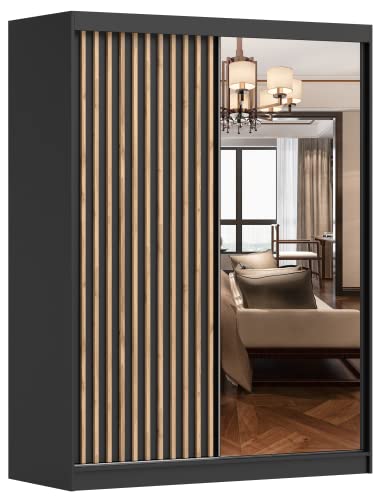Fabryka Mebli Idźczak Kleiderschrank mit Spiegel, Lamellen, Schiebetüren - Schwebetürenschrank, Schlafzimmerschrank - 61 x 150 x 200 cm - Schwarzer Schrank für Schlafzimmer, Garderobe - Modern