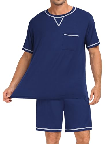 Image of SWOMOG Mens Pajamas Set Summer Sleepwear Short Sleeve Pjs Set Soft 2 Piece Lounge Set Comfy Loungewear with Pockets