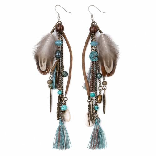 Feather Earrings for Women Boho Leather Earring Western Tassel Earrings Turquoise Shell Fringe Drop Dangle Earring Country Concert and Summer Festival Accessories