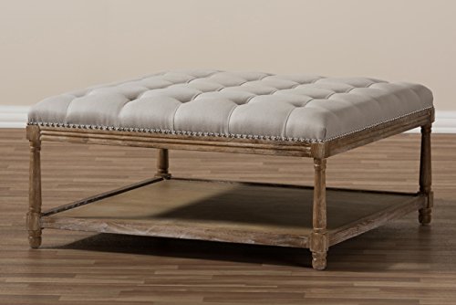 Baxton Studio Valensole French Country Weathered Oak Rectangular Coffee Table Ottoman, Beige Linen #TOP5