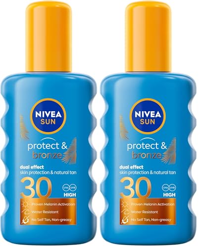 Image of NIVEA SUN Protect & Bronze Sun Spray (200 ml), Bronzing Tanning Lotion Spray with SPF30, Advanced Suncream Protection, Natural Pro-Melanin Extract (Packing May Vary) (Pack of 2)