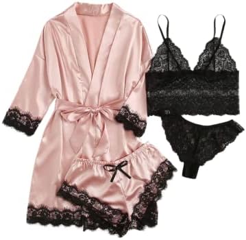 SOLY HUX Women's Satin Pajama Set 4pcs Floral Lace Trim Cami Lingerie Sleepwear with Robe Pink Large