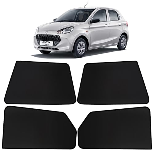 Image of OTO2EYE Car Sun Shade Compatible for Maruti Suzuki Alto K10 2022-2023, Z-Black Fix Type Side Window Curtains, Only Half Cut in Front Window, 4 Pieces Set