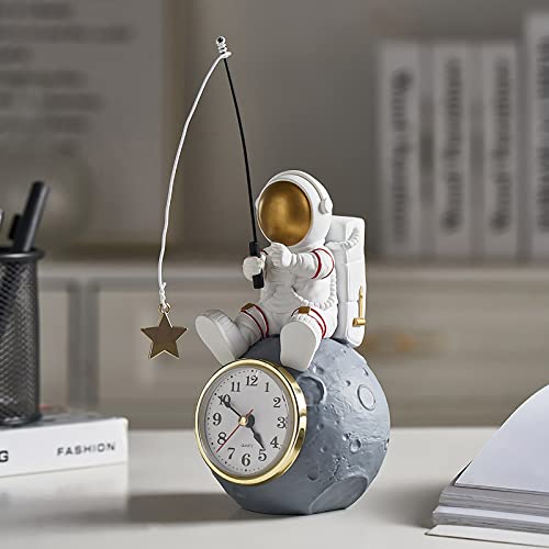 Astronaut Figure Clock For Desktop & Shelf, Battery Operated, Astronaut & Planet Figurine Statue For Office & Kids' Outer Space Themed Bedroom Decor, Decorative Small Table Clock, Fishing Star #TOP2
