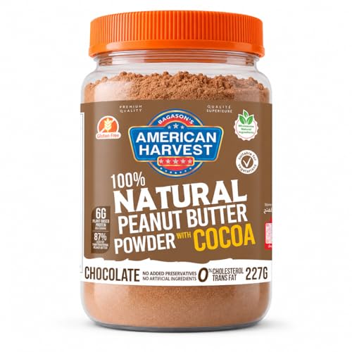 American Harvest Natural Peanut Butter Powder with Cocoa 227g (8oz.) 6g Plant Protein No Artificial Ingredients | 3.68g Added Sugar per 16g serving