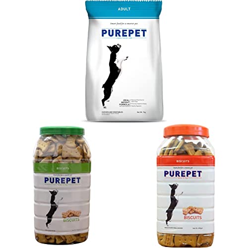 Image of Purepet Chicken and Vegetable Adult Dry Dog Food - 9kg & Chicken Flavour, Real Chicken Biscuit, Dog Treats- Jar, 455g & 100% Vegeterian Biscuit,Dog Treats- Jar, 905g