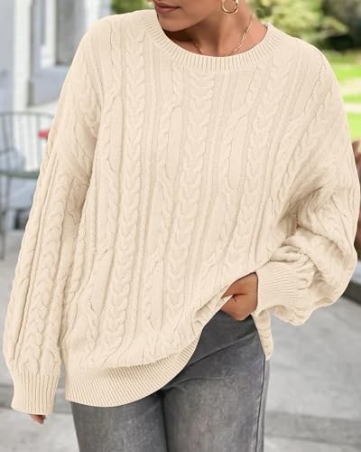 KIRUNDO Oversized Chunky Cable Knit Sweater Women 2026 Fall Fashion Cozy Long Sleeve Crewneck Pullover Winter Clothing(Cream, Large) — view 6