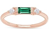 AFFY Baguette Cut Simulated Emerald And White Cubic Zirconia In 14K Rose Gold Plated 925 Sterling Silver Three Stone Design Bridal Engagement Wedding Ring Jewelry For Women Size -7