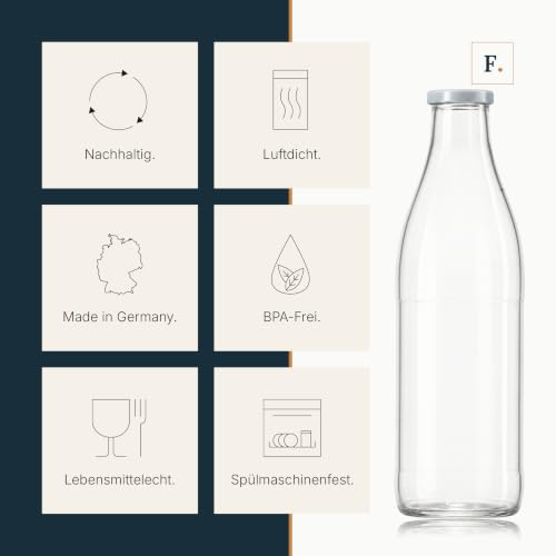 Foto von Flaschenbauer - Milchflaschen 1 Liter 8er Set - Glasflaschen zum Befüllen, weiße Glasflasche mit Twist-Off Deckel TO48 & Ersatzdeckel, Saftflaschen, Smoothie Flasche, Vorratsflaschen, Made in Germany