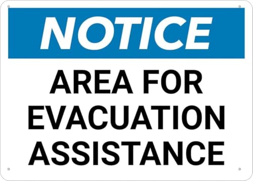 Notice Evacuation Assistance Area Designated Retro Multicolor Metal Tin Sign Wall Art Plaque Decor for Public Emergency Aid Area Identification Home Garden Indoor Outdoor Decoration 8x12 Inch