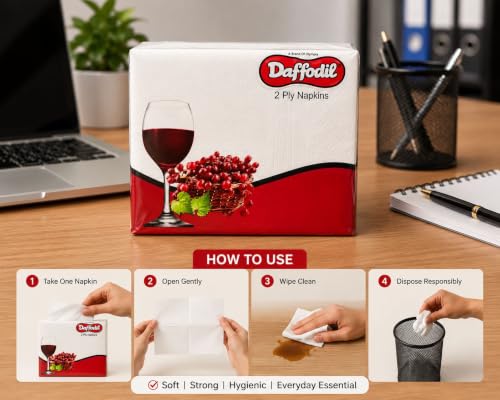 Image of DAFFODIL 2 Ply Tissue Paper Napkins | 50 Soft & Absorbent Disposable Serviettes | 33 x 33 cm Paper Napkins for Dining Table, Parties, Home, Office & Restaurant Use