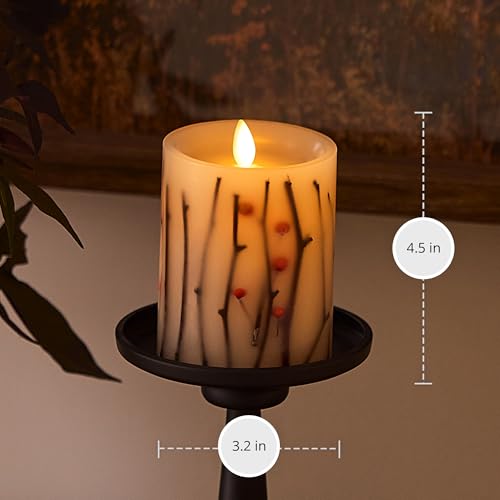 Image of Luminara - Flameless Flickering Moving Flame Battery Operated Unscented Candle LED Decor & Gift- Embedded Pillar Collection (Orange Berries & Twigs, 3.2 inch x 4.5 inch)
