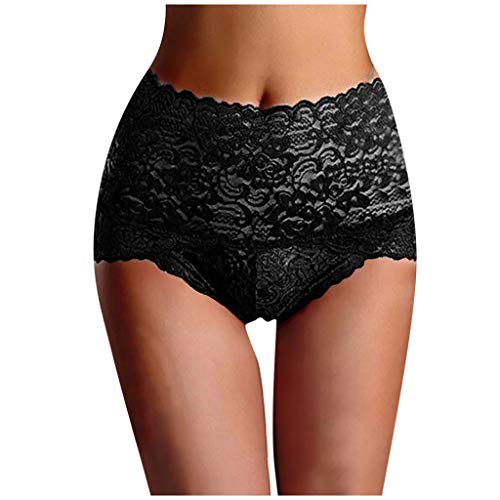 Vectry Damen Unterwäsche High Waist Sexy Spitze String Tanga Höschen Hipster Panties Slips Unterhosen Bauchkontrolle Elastic Dessous Atmungsaktiv Thong Briefs Schwarz XXXL Cover