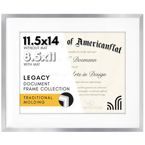 Americanflat Diplomrahmen mit bruchfestem Glas, 21,5 x 27,9 cm mit Passepartout oder 11,5 x 14 cm ohne Passepartout, dünner Rahmen für Wanddekoration, Legacy-Kollektion, Silber