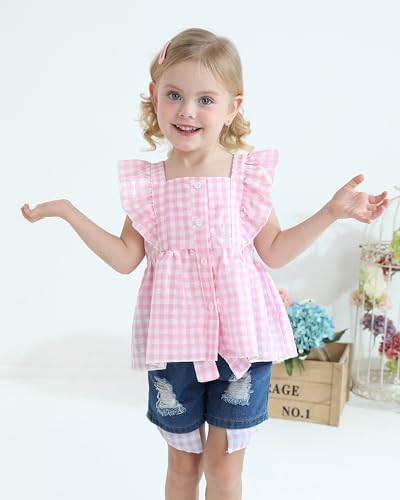 Kucnuzki Baby Girl Clothes Toddler Girl Summer Two Piece Outfit Kids Ruffle Sleeveless Plaid Tops Denim Jeans Shorts Set2