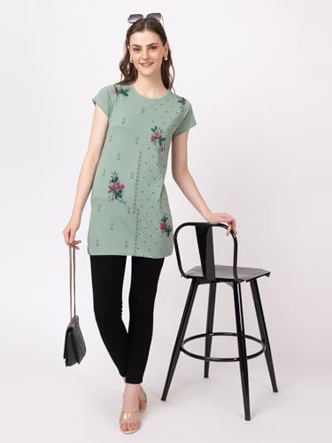 Image of Women Printed Cotton Tshirt with Side Slits & Pocket