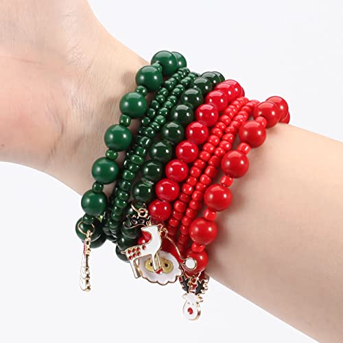 Budsmile 4 Set Christmas Beaded Stretch Bracelets Elk Snowman Bell Snowflake Stanta Hat Xmas Tree Friendship Jewelry Merry Christmas Gifts For Girlfriend Wife Daughter Mother #TOP2