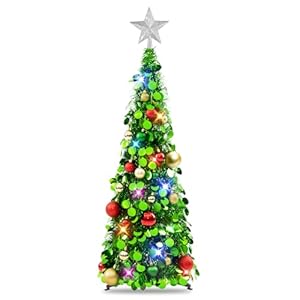 N&T NIETING Pop Up Christmas Tree with Lights & 25 Balls, 3Ft Collapsible Green Tinsel Xmas Tree Decorations, Pencil Christmas Tree Skinny Tree for Holiday Xmas Home Office Decor, Green