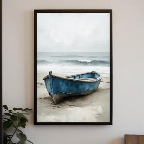 TONGYINLI Cuadro de barco azul desgastado, lámina decorativa para pared de casa de playa costera, imágenes vintage para la decoración de la sala de estar (80x120cm/sin marco)