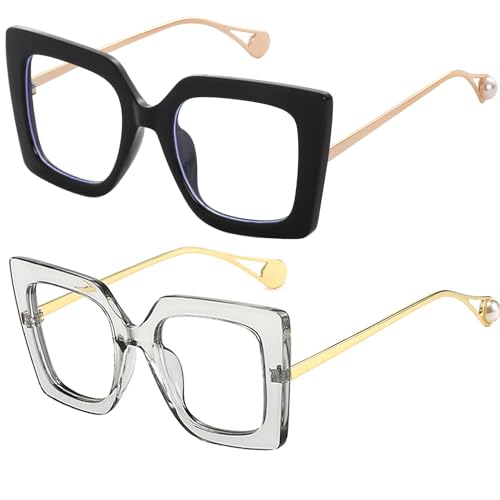 Image of Oversized Square Blue Light Blocking Glasses for Women Thick Fashion Pearl Inlay Arm Eyewear Computer Eyeglasses