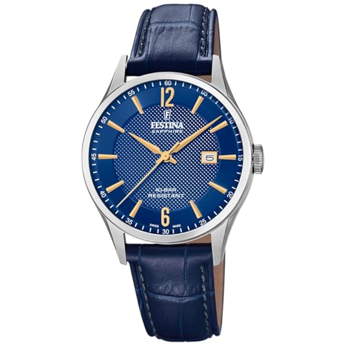 Festina Swiss Made Montre Homme Analogique Cuir Bleu - Quartz Date - Verre Saphir Résistant - Étanche 10 ATM Élégante - F20007/3 Classic Leather