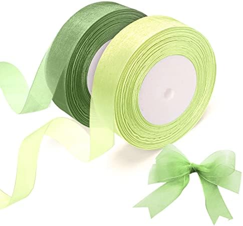 2 Rolls of Organza Ribbon, Clear Chiffon Ribbon, 20mm x 45m Each, for DIY Crafts, Ribbons for Gift Wrapping, Birthday Party Ribbon Decoration(Green Ribbon)
