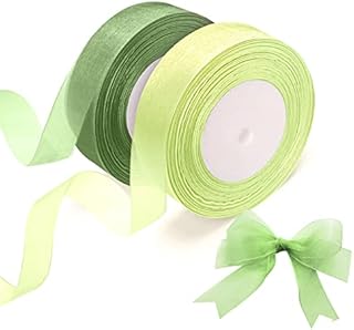 2 Rolls of Organza Ribbon, Clear Chiffon Ribbon, 20mm x 45m Each, for DIY Crafts, Ribbons for Gift Wrapping, Birthday Party Ribbon Decoration(Green Ribbon)