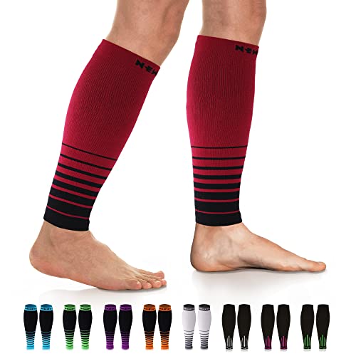 NEWZILL Calf Compression Sleeve for Men & Women | Footless Compression Socks for Shin Splint Relief, Varicose Veins | Leg Sleeve for Running, Travel, Nursing, Work, Fitness (XXL i-Black/Red 1Pair)