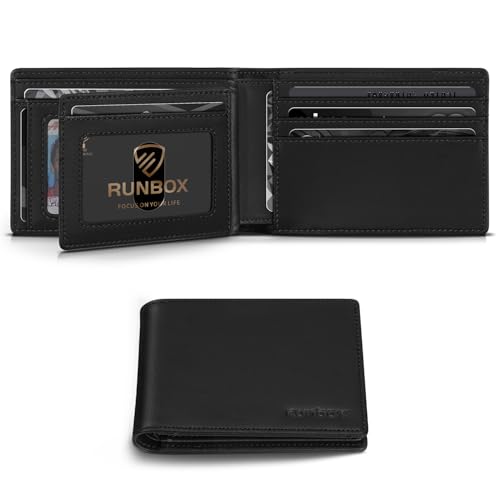 RUNBOX Wallet for Men Bifold RFID Blocking Wallets with 2 ID Window 14 Card Holders 1 cash pocket 1 Gift Box