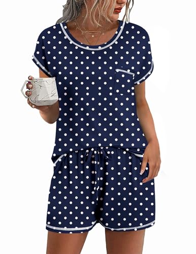 Image of Ekouaer Womens Pajama Sets 2 Piece Soft Short Sleeve Top and Shorts Sleepwear Round Neck Pjs Lounge Set with Pockets