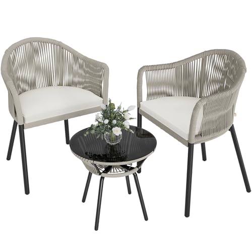 image for Greesum Rope Woven Patio Furniture 3-Piece Outdoor Wicker Bistro Set f