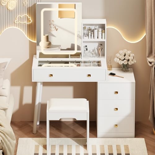 NBYSGO Vanity Desk with Mirror and Lights, Makeup Table with Power Outlet and Drawers, 3 Lighting Modes, Girls Vanity Set for Bedroom (055 White)