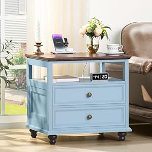 Farmhouse Nightstand Set of 2 with Charging Station 24 Wide End Table with 2 DrawersLight Blue Dresser Cabinet for BedroomBed Side Table Chest of DrawersNight Stand for Living Room