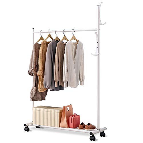 FKUO Heavy Duty Clothing Garment Rack on Wheels 3-in-1 Clothes Hanging Rack with Storage Shelf and 2 Triple Hooks