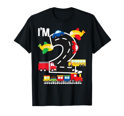 I'm 2 Birthday Boy 2nd Bday Train Car Fire Truck Airplane T-Shirt
