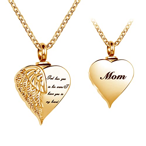 Luxglitterlin Guardian Angel Wing Cremation Urn Necklace For Ashes Papa Heart Shape Memorial Keepsake Pendant Ash Holder Jewelry For Women Girls, Gold #TOP9