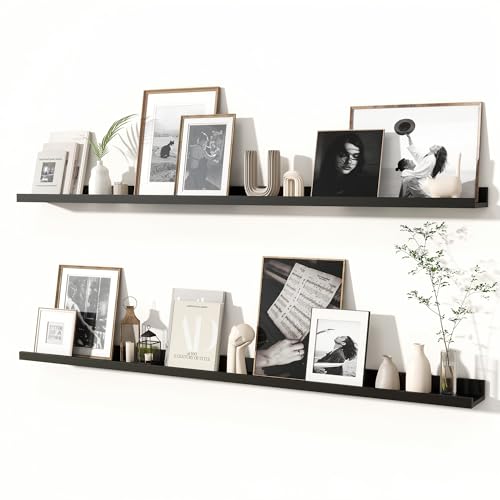 Fun Memories Picture Ledge Shelves Set of 2, 55 Inch Rustic Wall Mounted Floating Shelves with Lip for Home Storage and Décor in Bathroom, Kitchen, Nursery, Bedroom, Living Room, Black